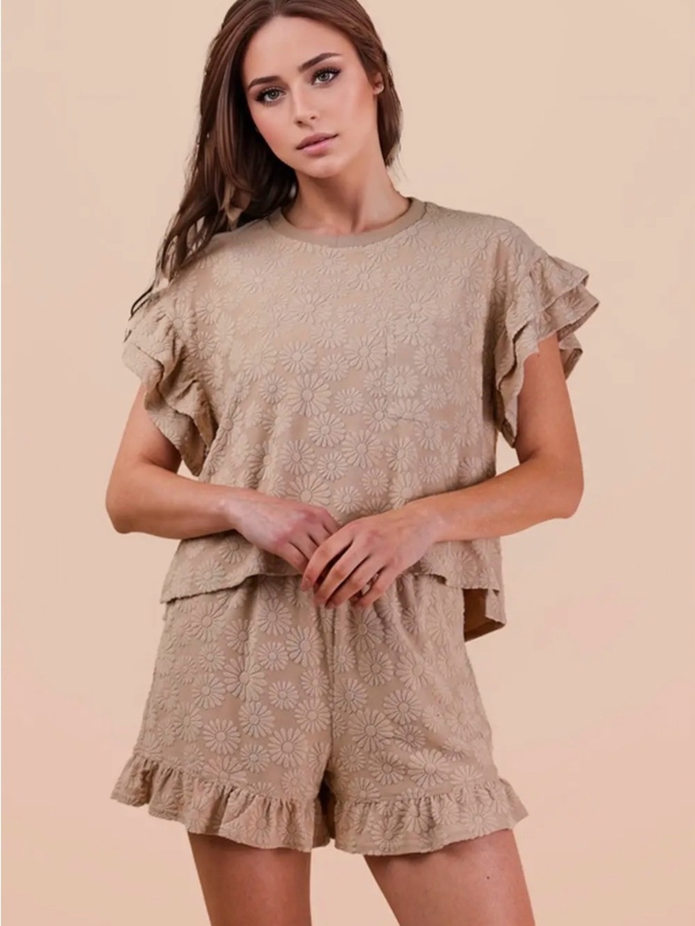 Beige floral embroidered ruffle boho top and short resort Lounge comfort set